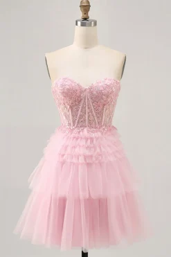 Rosa sem alças Uma linha Corset Homecoming Dress com apliques