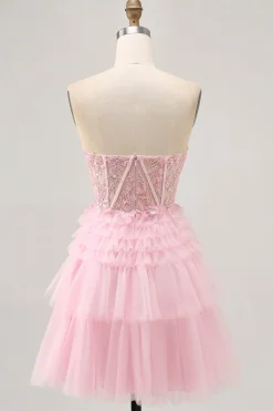 Rosa sem alças Uma linha Corset Homecoming Dress com apliques