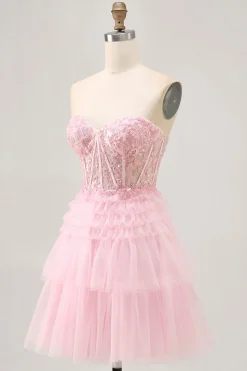 Rosa sem alças Uma linha Corset Homecoming Dress com apliques