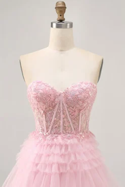 Rosa sem alças Uma linha Corset Homecoming Dress com apliques