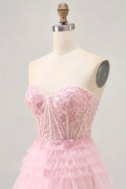 Rosa sem alças Uma linha Corset Homecoming Dress com apliques