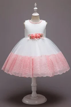 Rosa Sem Mangas Flor Tule Vestido de Menina Com Arco