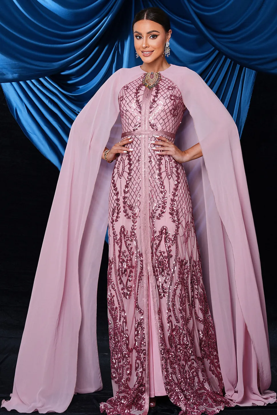 Rosa Sequined Semaid Vestido de baile de formatura com wrap