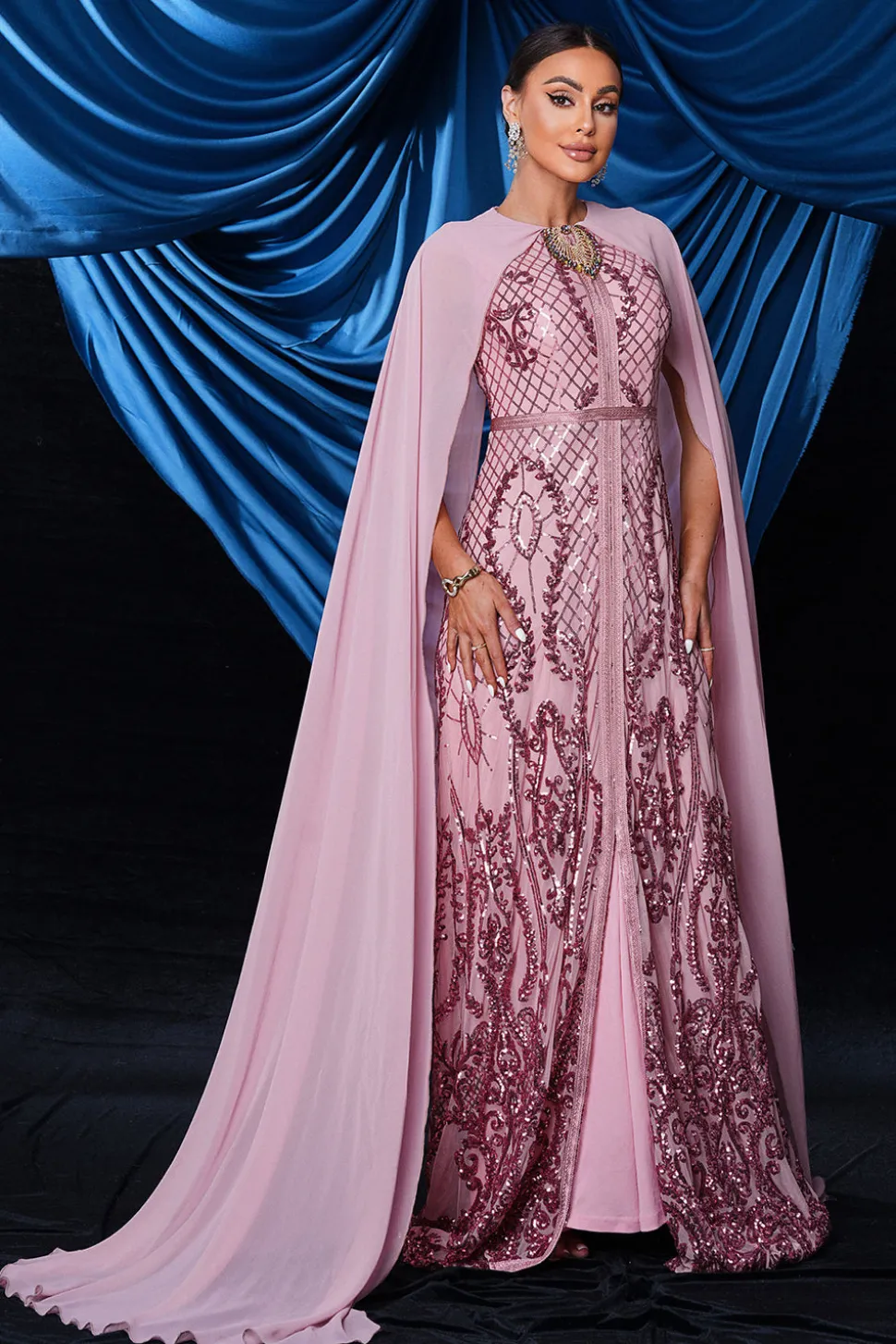 Rosa Sequined Semaid Vestido de baile de formatura com wrap