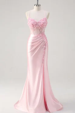Rosa Sereia Corset Vestido Floral Prom com Fenda