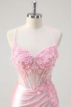 Rosa Sereia Corset Vestido Floral Prom com Fenda