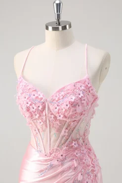 Rosa Sereia Corset Vestido Floral Prom com Fenda