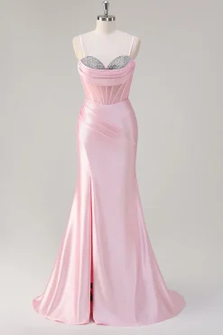 Rosa Sereia Esparguete Correias Corset Prom Dress com Fenda
