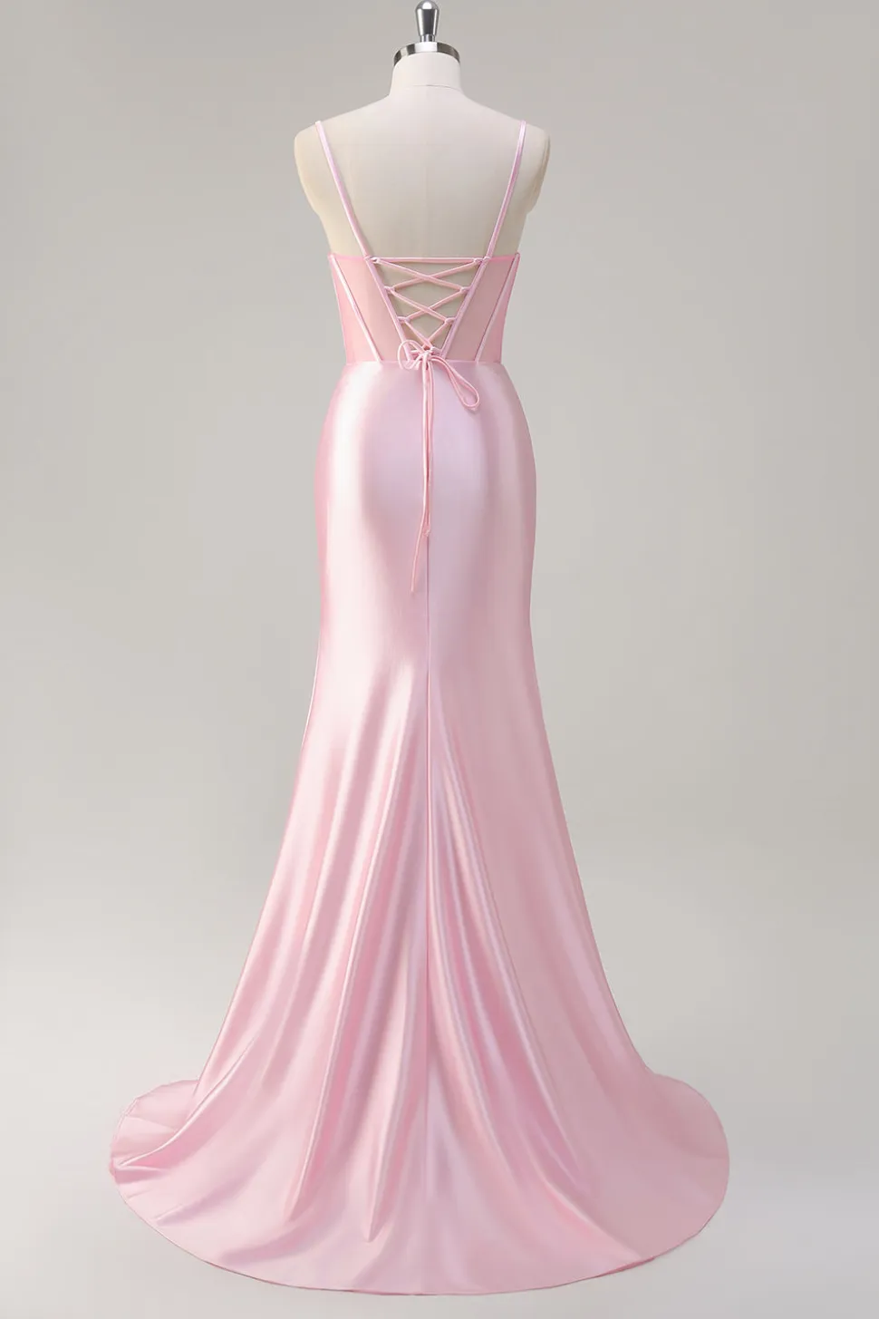 Rosa Sereia Esparguete Correias Corset Prom Dress com Fenda