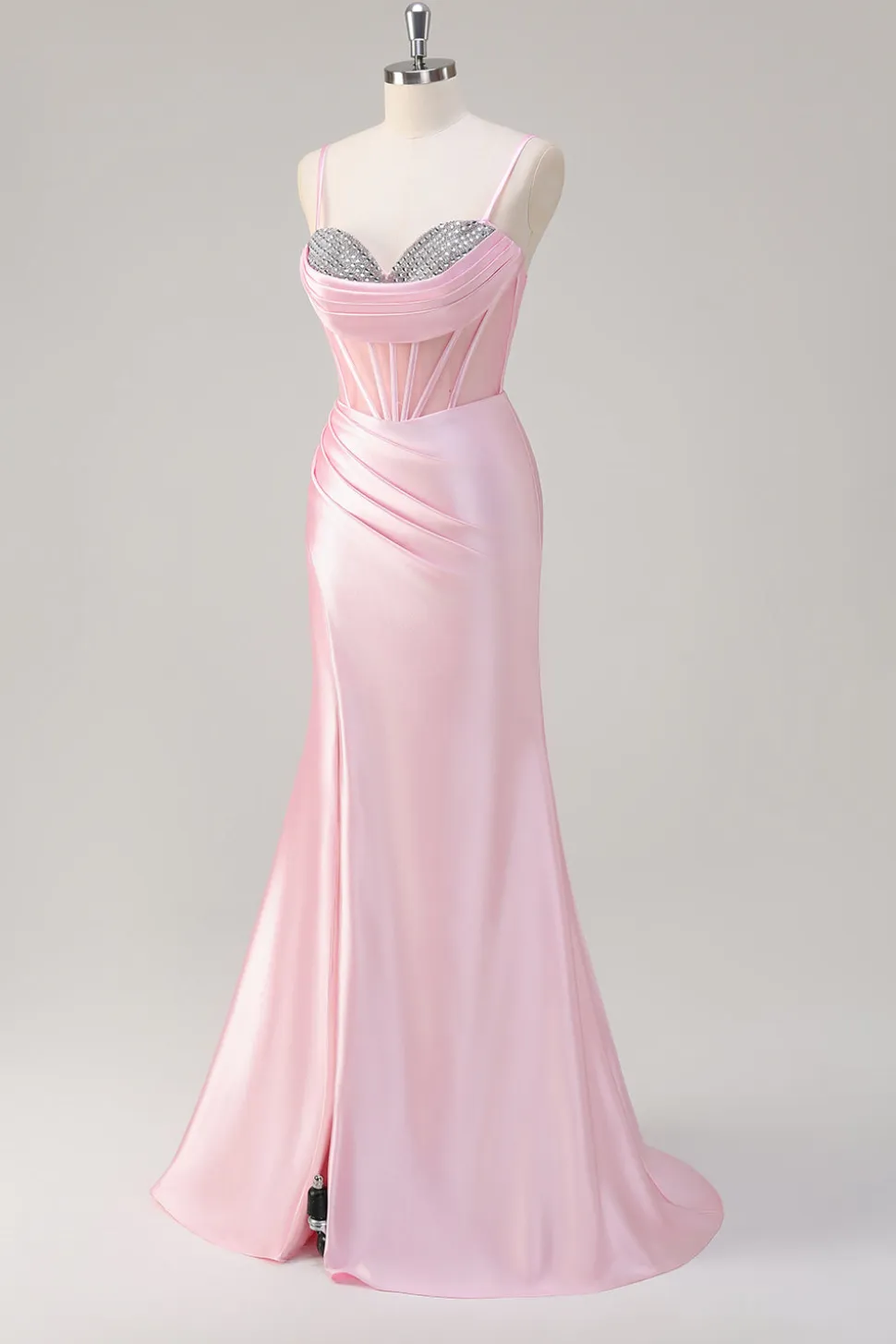 Rosa Sereia Esparguete Correias Corset Prom Dress com Fenda