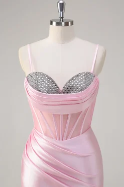 Rosa Sereia Esparguete Correias Corset Prom Dress com Fenda