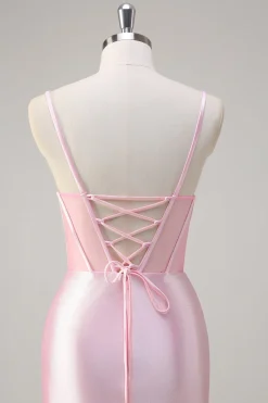 Rosa Sereia Esparguete Correias Corset Prom Dress com Fenda