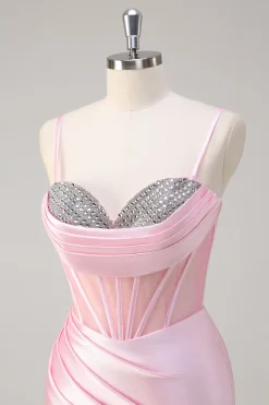 Rosa Sereia Esparguete Correias Corset Prom Dress com Fenda