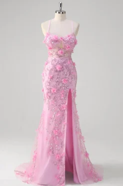 Rosa Sereia Esparguete Correias Vestido de Baile de Lantejoulas Com Flores 3D
