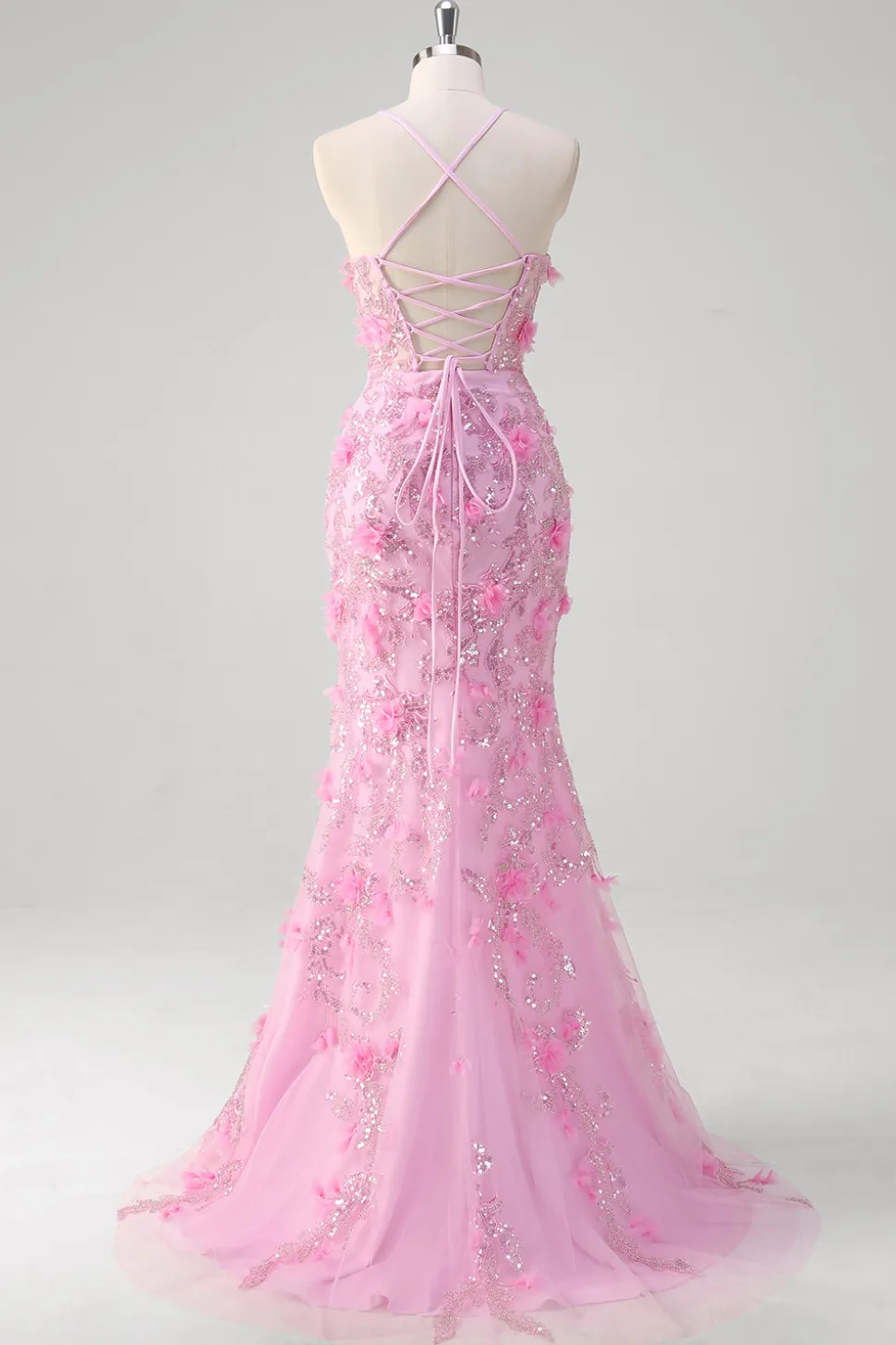Rosa Sereia Esparguete Correias Vestido de Baile de Lantejoulas Com Flores 3D