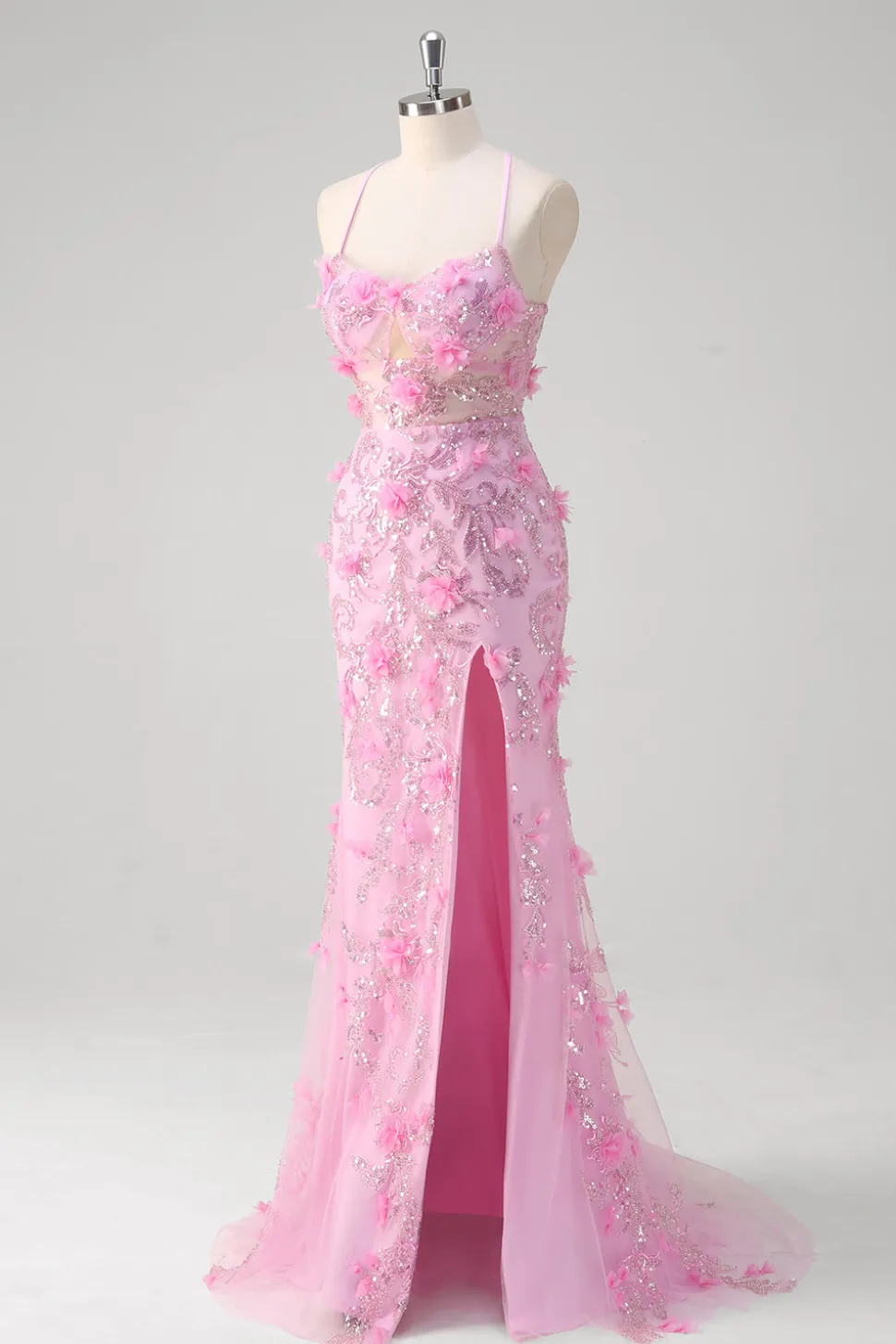 Rosa Sereia Esparguete Correias Vestido de Baile de Lantejoulas Com Flores 3D
