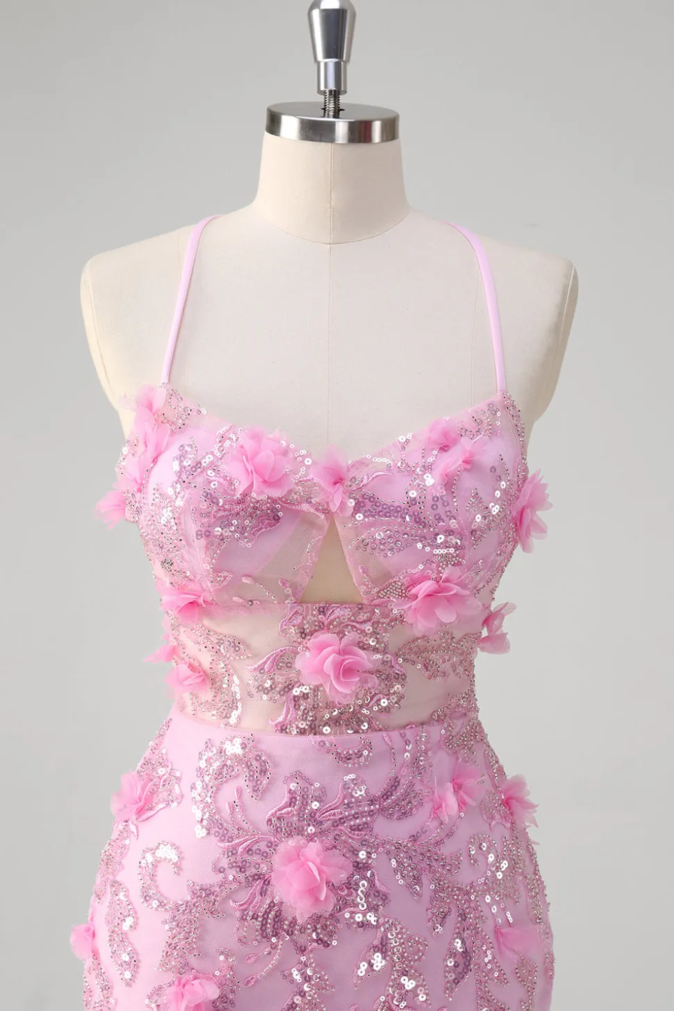Rosa Sereia Esparguete Correias Vestido de Baile de Lantejoulas Com Flores 3D