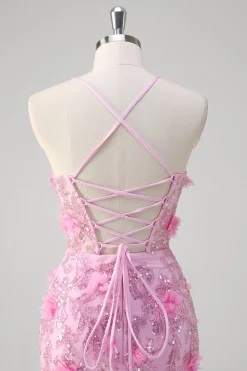 Rosa Sereia Esparguete Correias Vestido de Baile de Lantejoulas Com Flores 3D