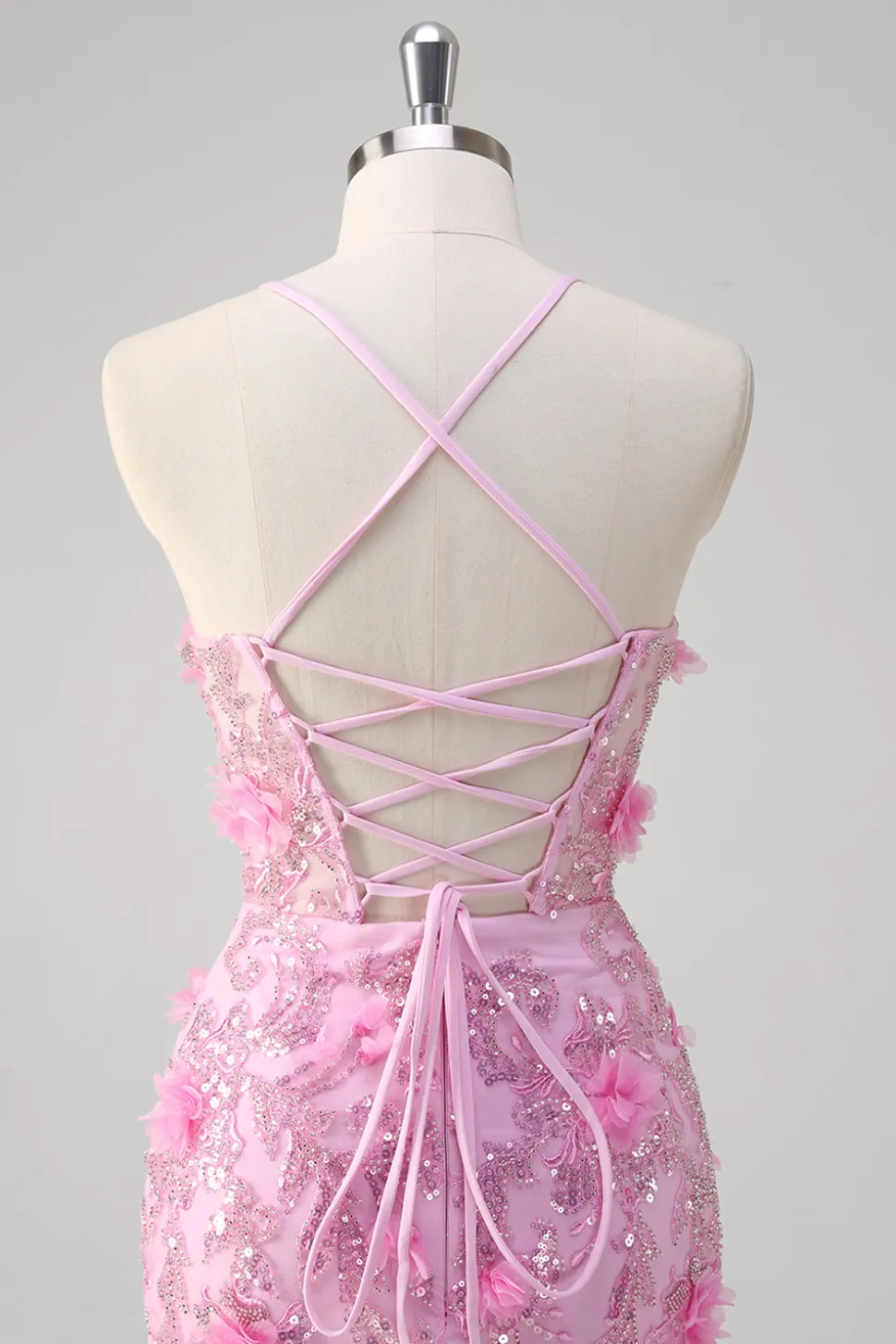 Rosa Sereia Esparguete Correias Vestido de Baile de Lantejoulas Com Flores 3D