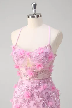 Rosa Sereia Esparguete Correias Vestido de Baile de Lantejoulas Com Flores 3D