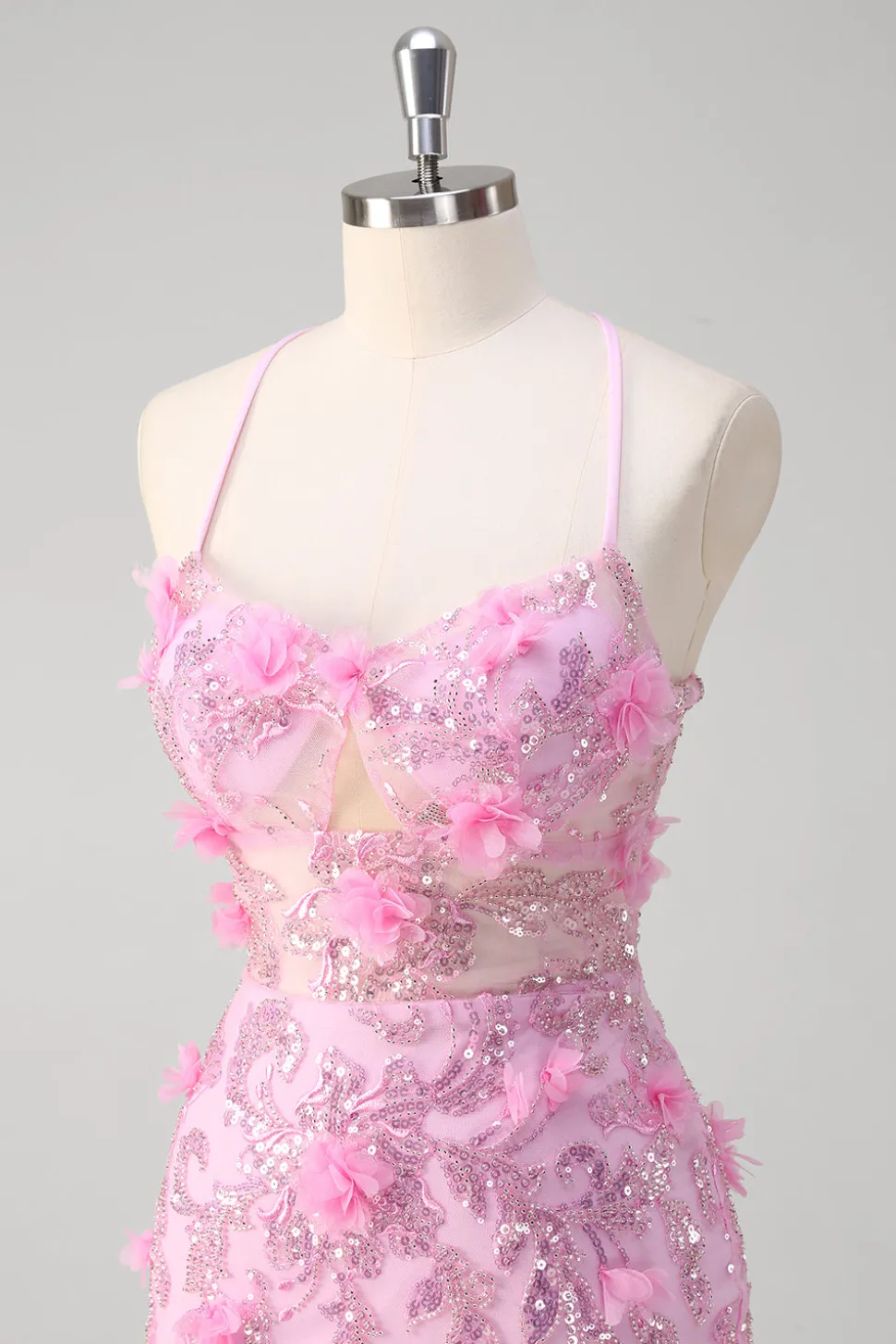 Rosa Sereia Esparguete Correias Vestido de Baile de Lantejoulas Com Flores 3D