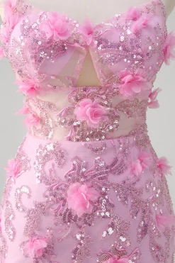 Rosa Sereia Esparguete Correias Vestido de Baile de Lantejoulas Com Flores 3D