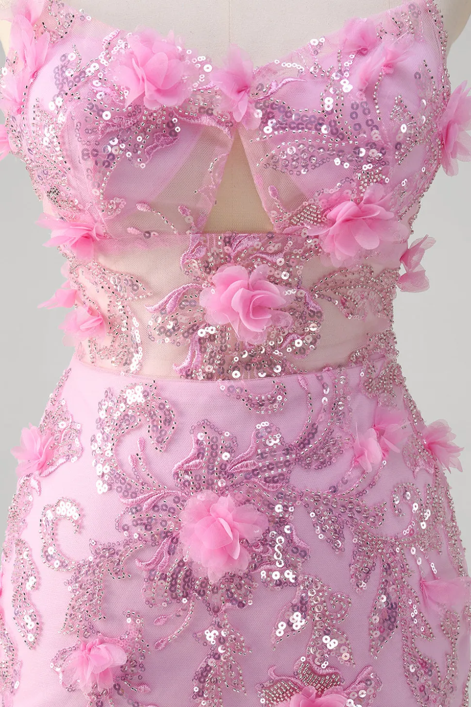 Rosa Sereia Esparguete Correias Vestido de Baile de Lantejoulas Com Flores 3D