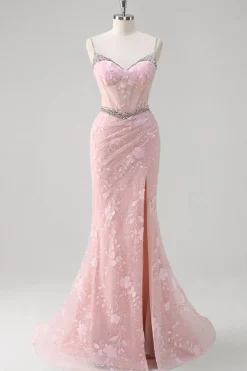 Rosa Sereia Esparguete Correias Sequined Floral Corset Prom Dress com Missangas