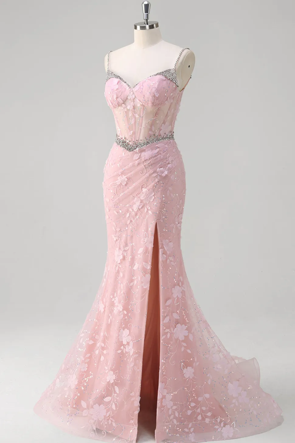 Rosa Sereia Esparguete Correias Sequined Floral Corset Prom Dress com Missangas