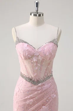 Rosa Sereia Esparguete Correias Sequined Floral Corset Prom Dress com Missangas