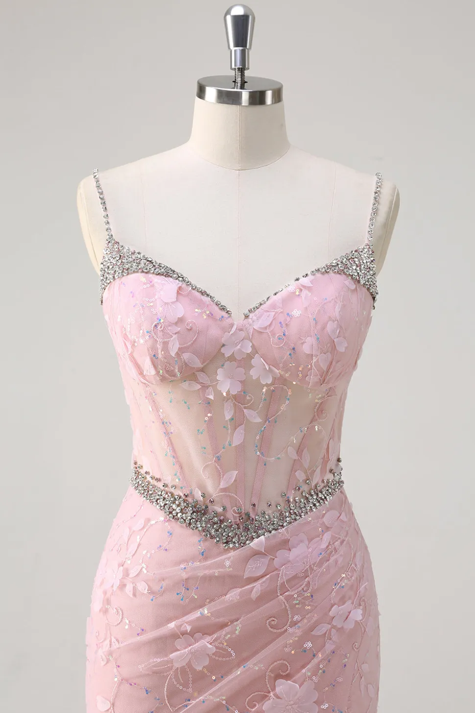 Rosa Sereia Esparguete Correias Sequined Floral Corset Prom Dress com Missangas