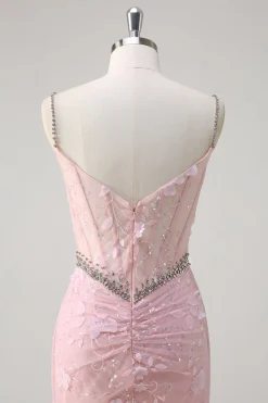 Rosa Sereia Esparguete Correias Sequined Floral Corset Prom Dress com Missangas