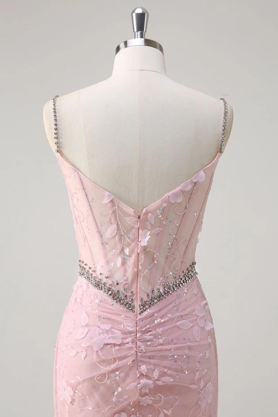 Rosa Sereia Esparguete Correias Sequined Floral Corset Prom Dress com Missangas
