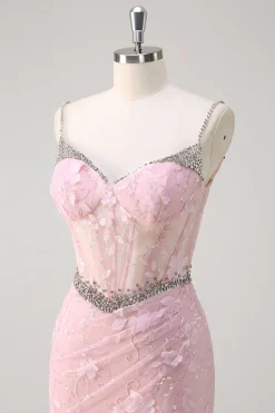 Rosa Sereia Esparguete Correias Sequined Floral Corset Prom Dress com Missangas