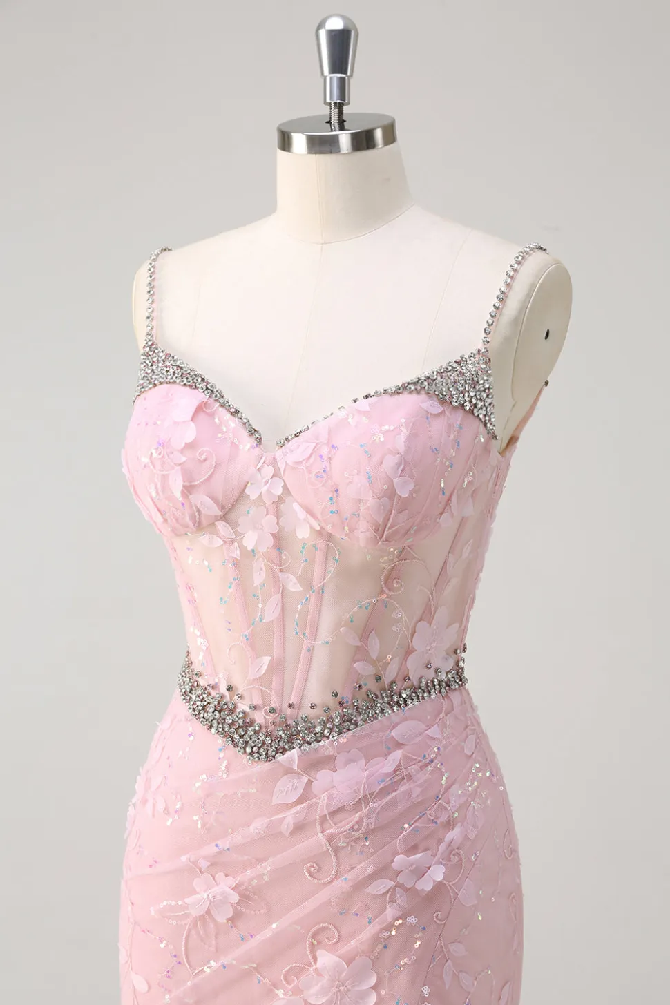 Rosa Sereia Esparguete Correias Sequined Floral Corset Prom Dress com Missangas