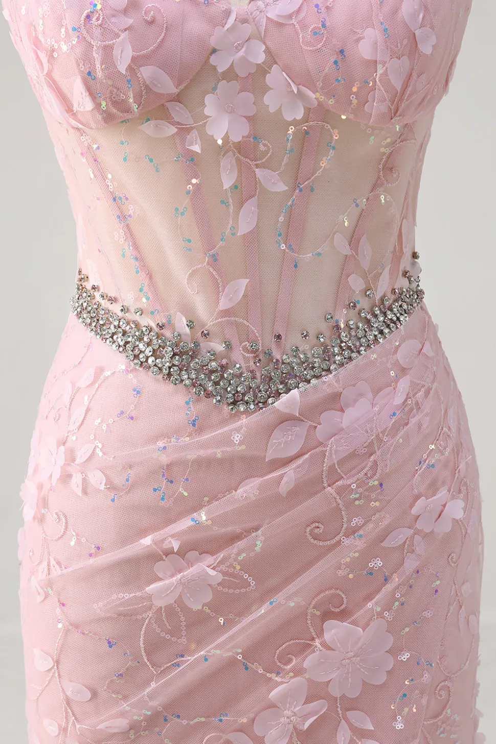 Rosa Sereia Esparguete Correias Sequined Floral Corset Prom Dress com Missangas