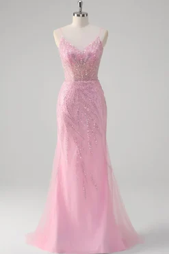 Rosa Sereia Esparguete Correias Sequin Corset Long Prom Dress