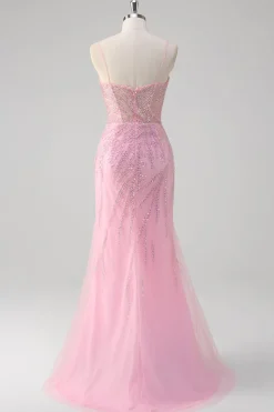 Rosa Sereia Esparguete Correias Sequin Corset Long Prom Dress