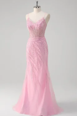 Rosa Sereia Esparguete Correias Sequin Corset Long Prom Dress
