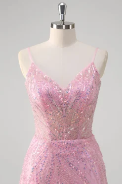 Rosa Sereia Esparguete Correias Sequin Corset Long Prom Dress