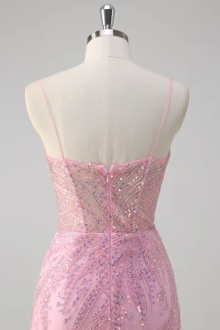Rosa Sereia Esparguete Correias Sequin Corset Long Prom Dress