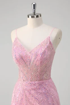 Rosa Sereia Esparguete Correias Sequin Corset Long Prom Dress