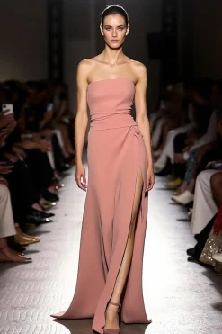 Rosa simples Ruched Strapless longo vestido de noite com fenda