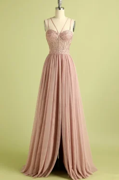 Rosa Split frente espaguete correias vestido de baile