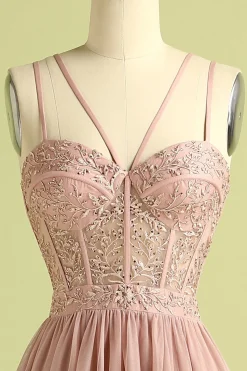 Rosa Split frente espaguete correias vestido de baile
