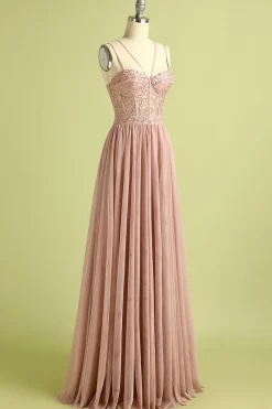 Rosa Split frente espaguete correias vestido de baile