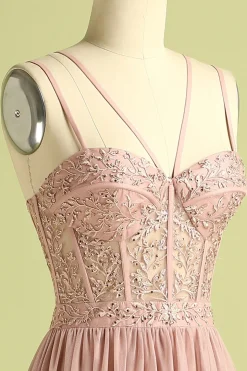 Rosa Split frente espaguete correias vestido de baile