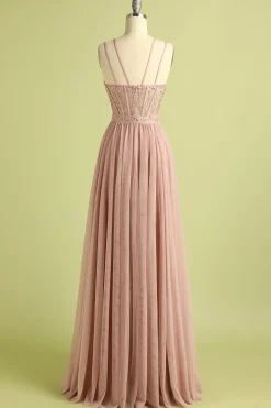 Rosa Split frente espaguete correias vestido de baile