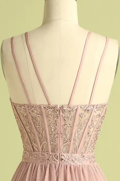 Rosa Split frente espaguete correias vestido de baile