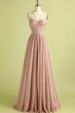 Rosa Split frente espaguete correias vestido de baile